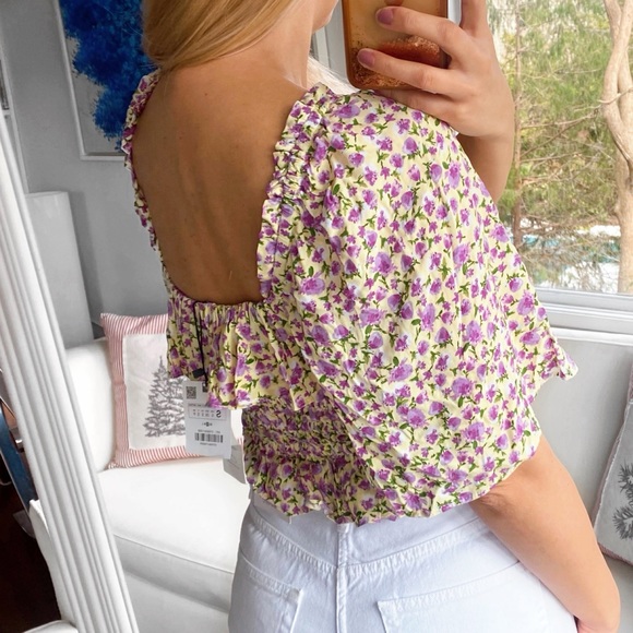 🌼 ZARA BOHO YELLOW PURPLE FLORAL RUFFLE BUTTERFLY SLEEVE CROP TOP! - Picture 3 of 11